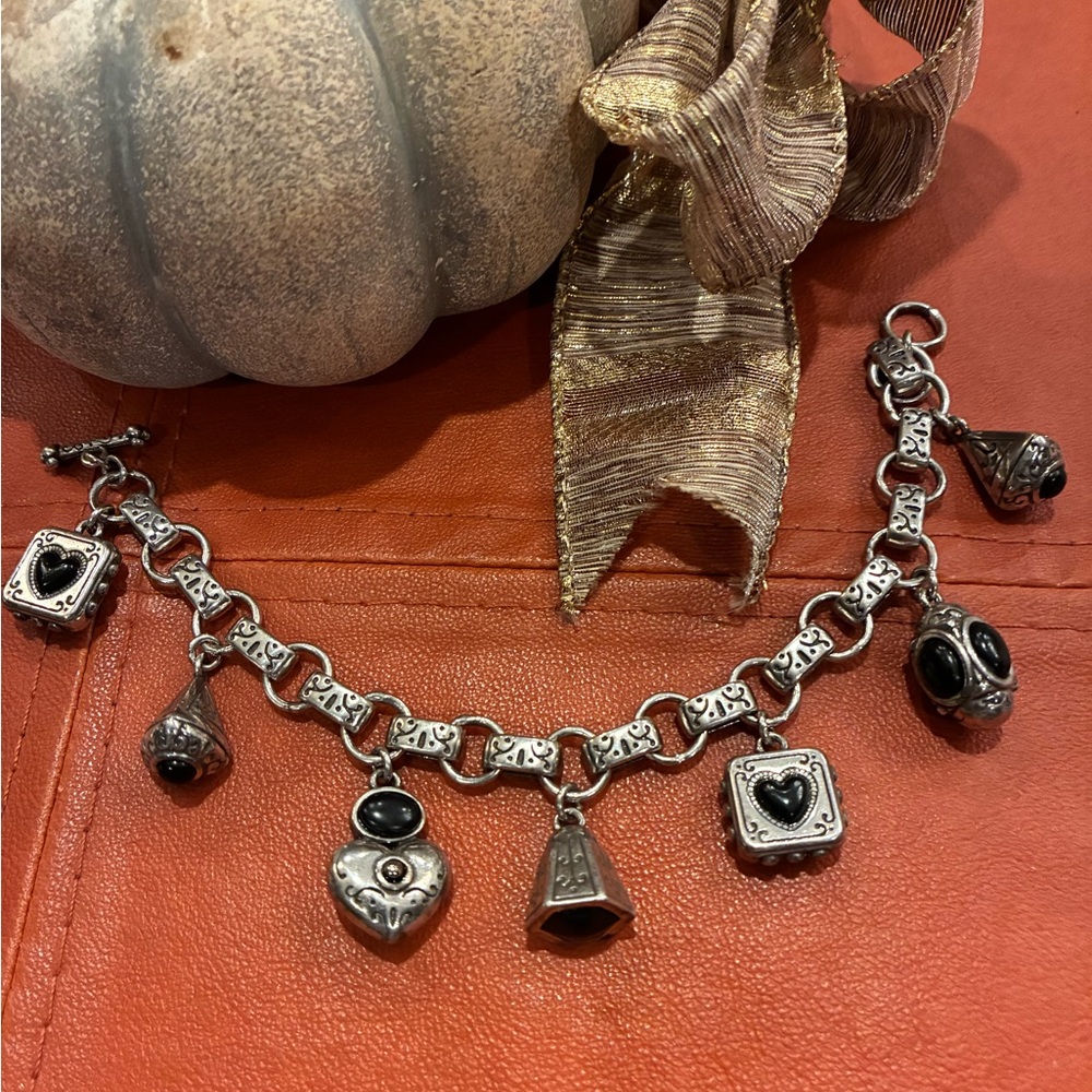 Brighton Silver Plated Bracelet w/ 7 Fun Black Onyx Charms & Toggle closure